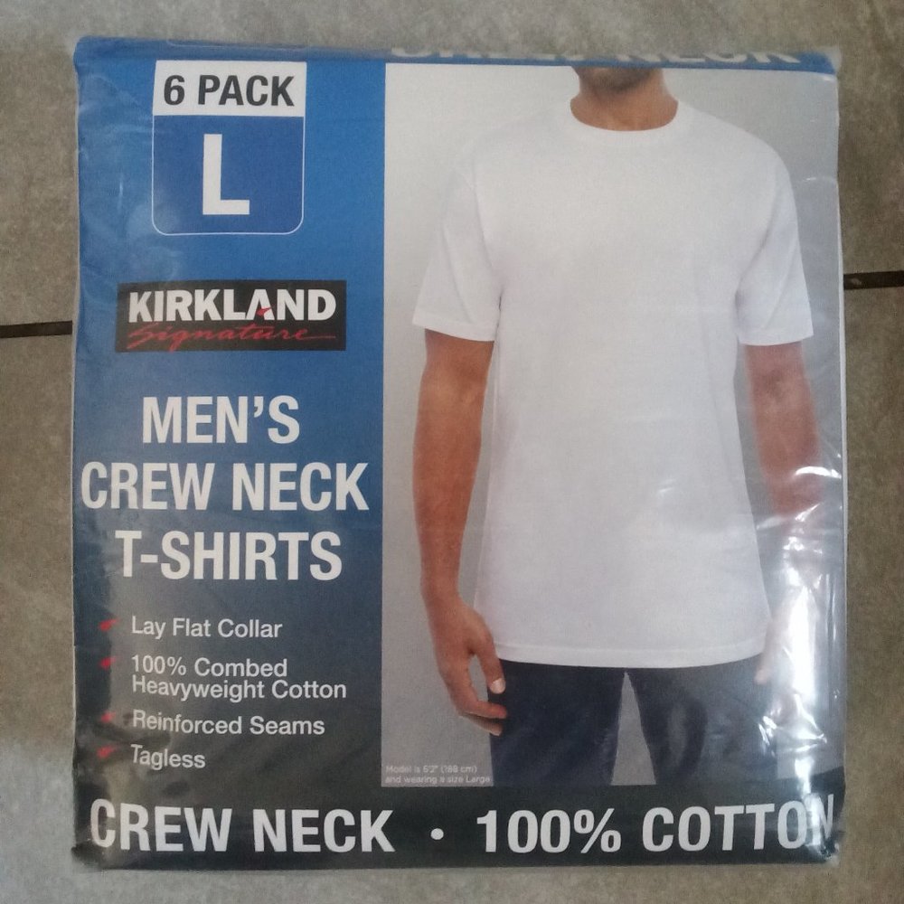 New! Kirkland Signature Men’s Boys Crew Neck Tee 6-pack White Color Size L Large